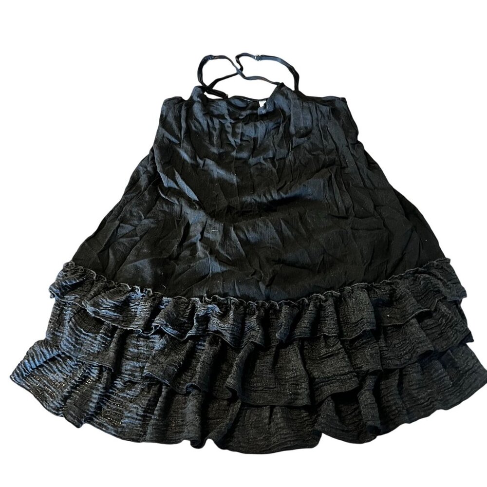 Black Sleeveless Ruffled Viscose Dress With Adjustable Straps & Tiered Hem‎
